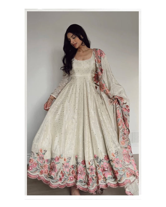 Ethereal Bloom Pure Chinon Silk Crafted Anarkali Gown
