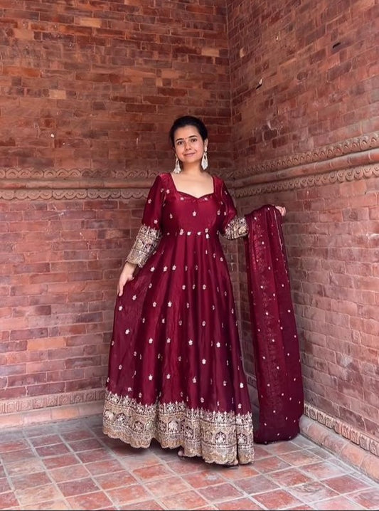 Aleeza Maroon Zari Dori Anarkali Gown Set