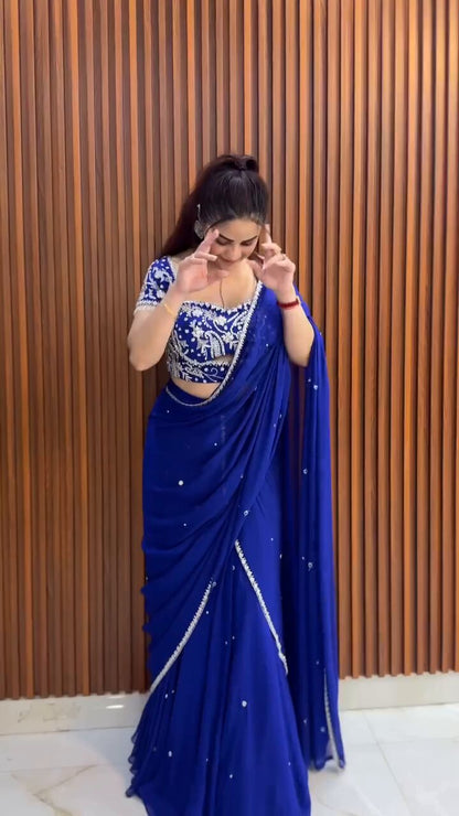 Glamorous Royal Blue Designer  Embroidered Lehenga Saree
