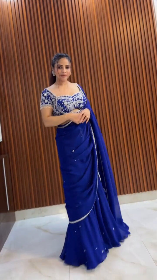 Glamorous Royal Blue Designer  Embroidered Lehenga Saree