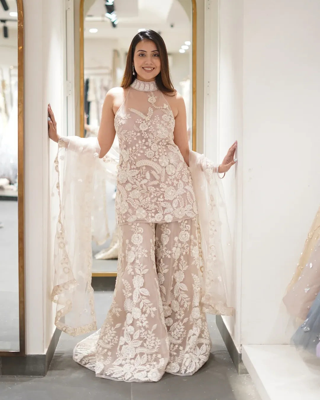 Sitas Exquisite Net Fabric with Dori Work, Sequins And White Cutdana