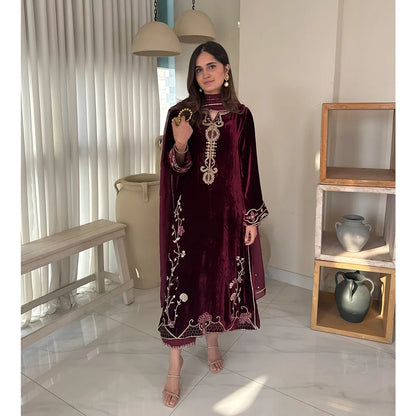 Aelia Maroon Imperial Embroidery Velvet Suit