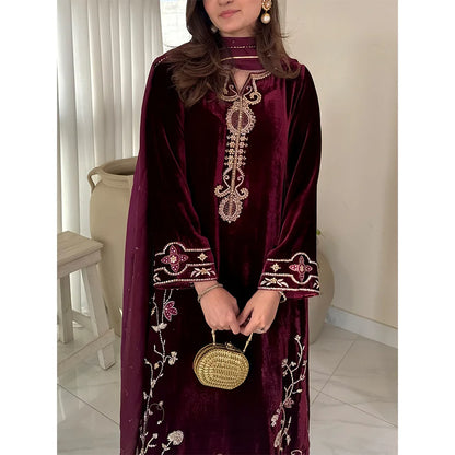 Aelia Maroon Imperial Embroidery Velvet Suit