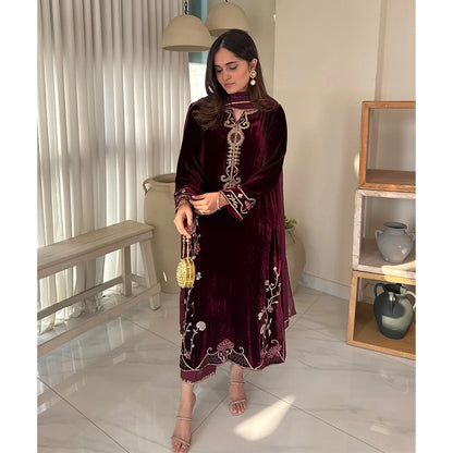 Aelia Maroon Imperial Embroidery Velvet Suit
