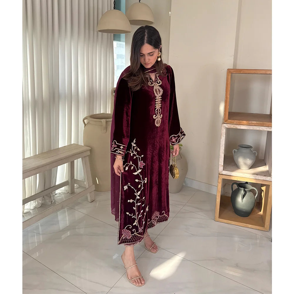 Aelia Maroon Imperial Embroidery Velvet Suit