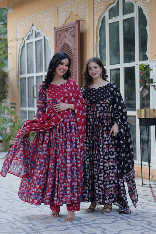 Royal Handblock  Printed Cotton Anarkali Set with Dupatta