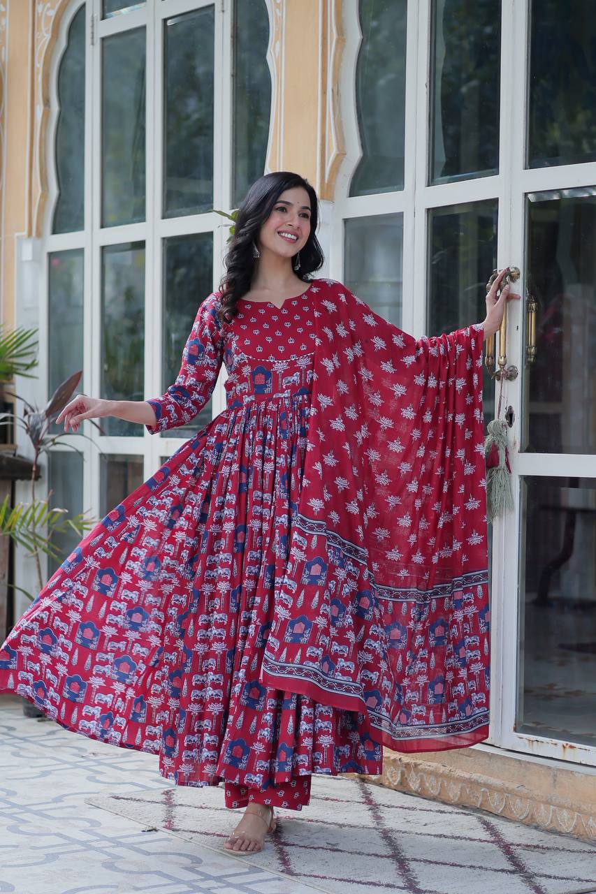 Royal Handblock  Printed Cotton Anarkali Set with Dupatta
