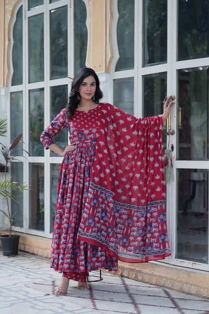 Royal Handblock  Printed Cotton Anarkali Set with Dupatta