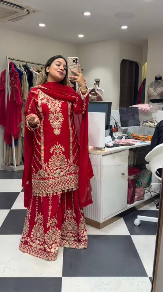 Luxury Red Embroidered Palazzo Suit Set