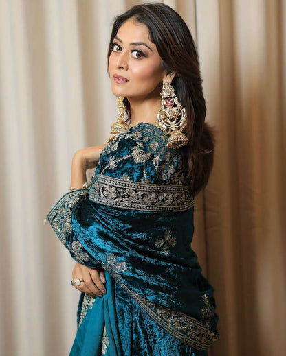 Ishvika Emerald Teal Heritage Velvet Suit Set