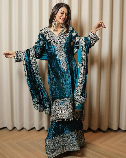 Ishvika Emerald Teal Heritage Velvet Suit Set