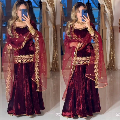 Maroon & Gold Velvet Partywear Suit