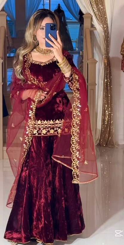 Maroon & Gold Velvet Partywear Suit