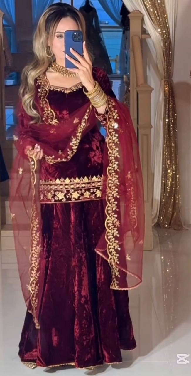 Maroon & Gold Velvet Partywear Suit