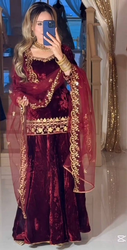 Maroon & Gold Velvet Partywear Suit