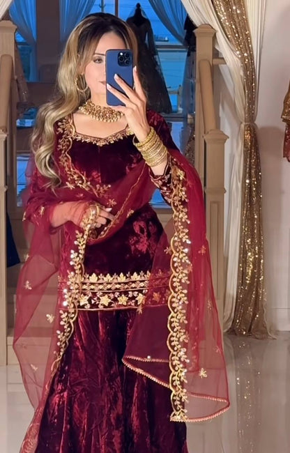 Maroon & Gold Velvet Partywear Suit