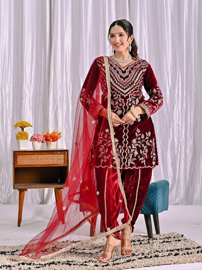 Sarvani Maroon Frost Velvet Embroidery Set