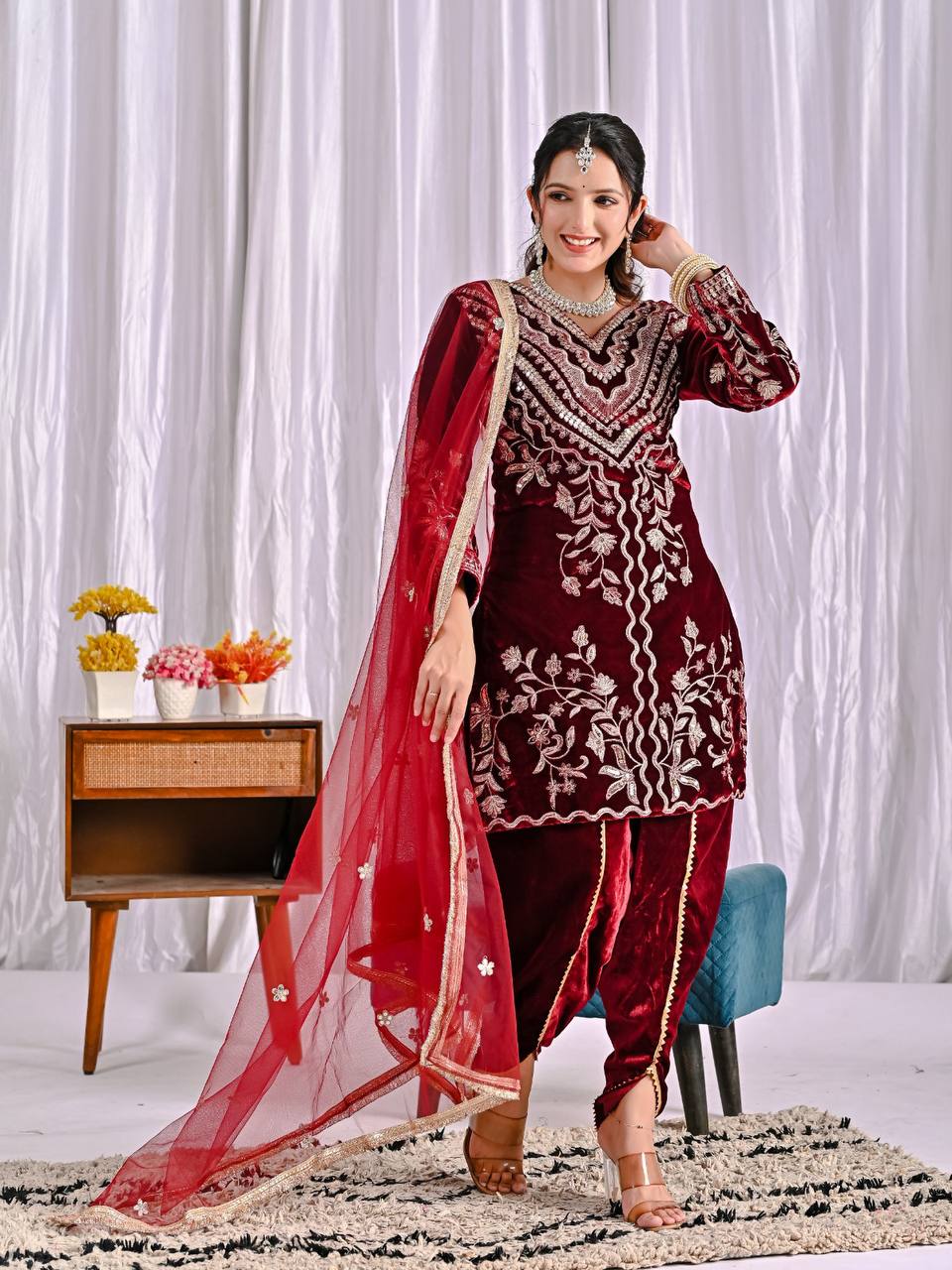 Sarvani Maroon Frost Velvet Embroidery Set