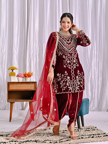 Sarvani Maroon Frost Velvet Embroidery Set