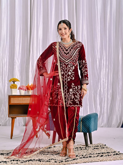 Sarvani Maroon Frost Velvet Embroidery Set