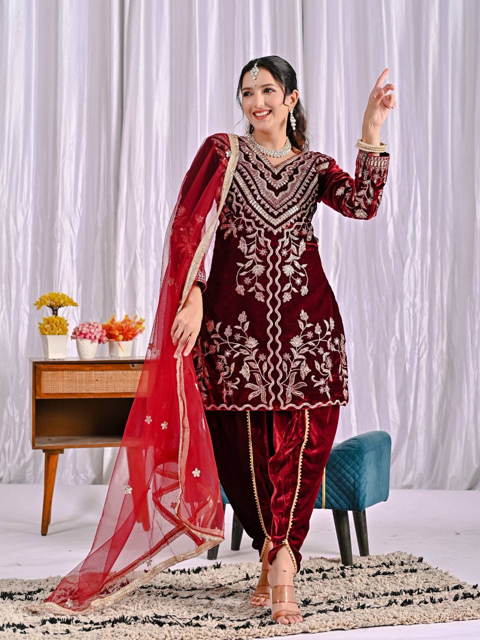 Sarvani Maroon Frost Velvet Embroidery Set