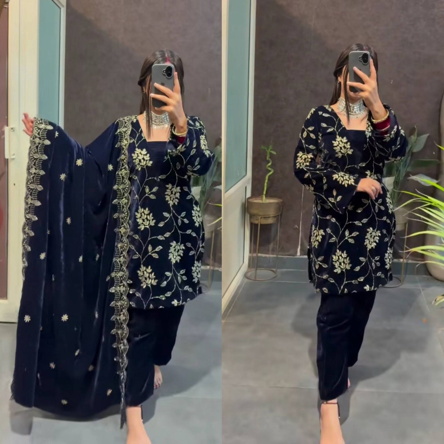 Nira Navy Blue Viscose Velvet  Suit