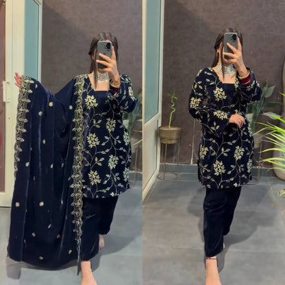 Nira Navy Blue Viscose Velvet  Suit