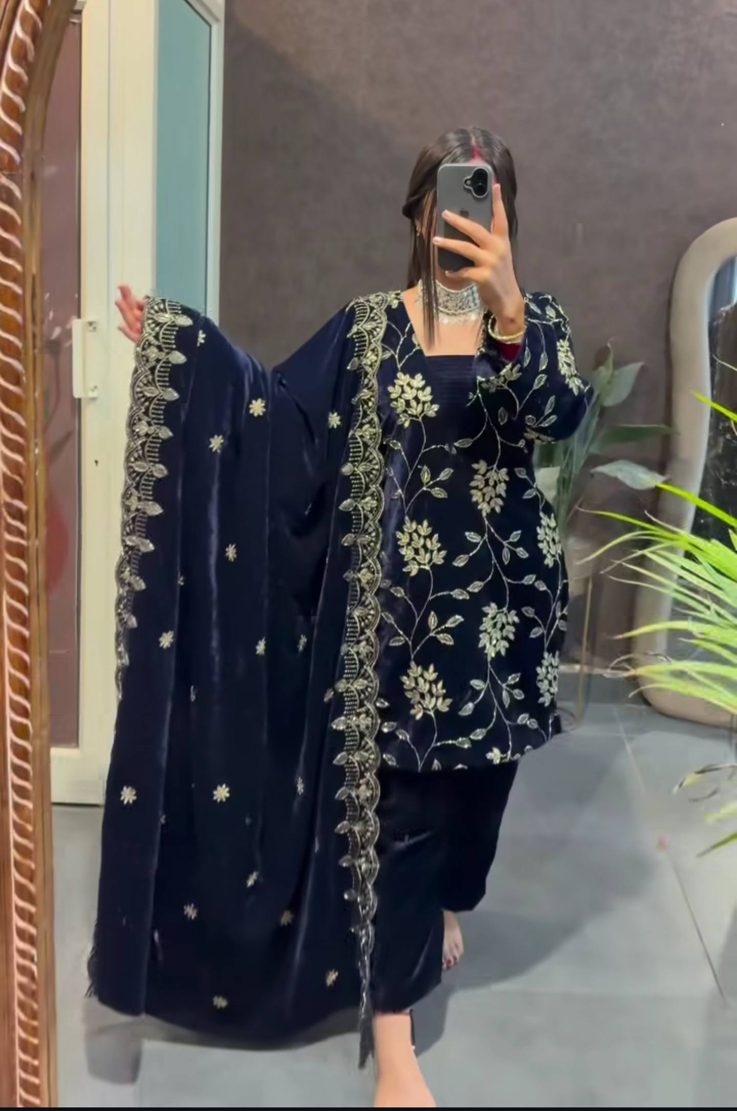 Nira Navy Blue Viscose Velvet  Suit