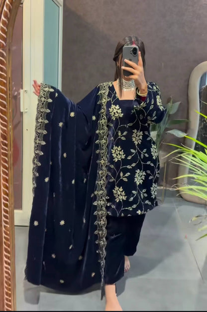 Nira Navy Blue Viscose Velvet  Suit