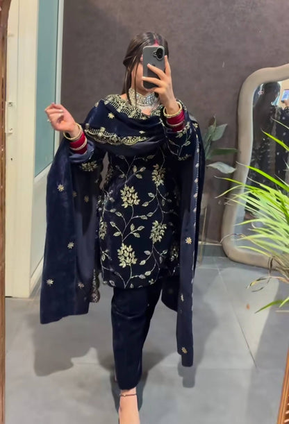 Nira Navy Blue Viscose Velvet  Suit
