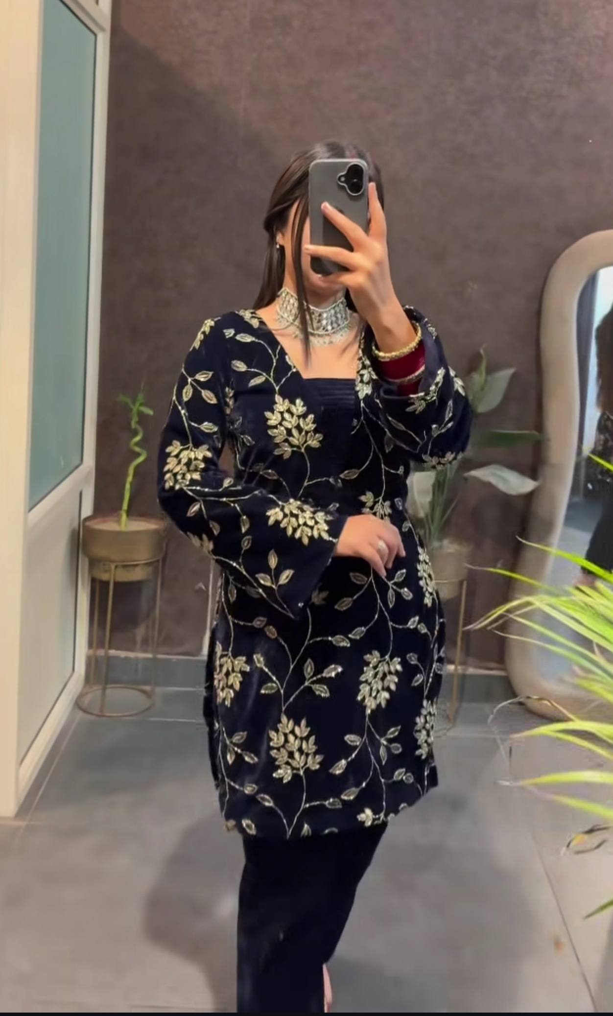 Nira Navy Blue Viscose Velvet  Suit