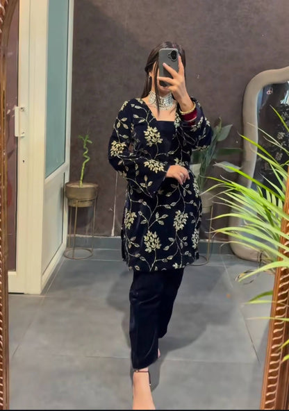 Nira Navy Blue Viscose Velvet  Suit