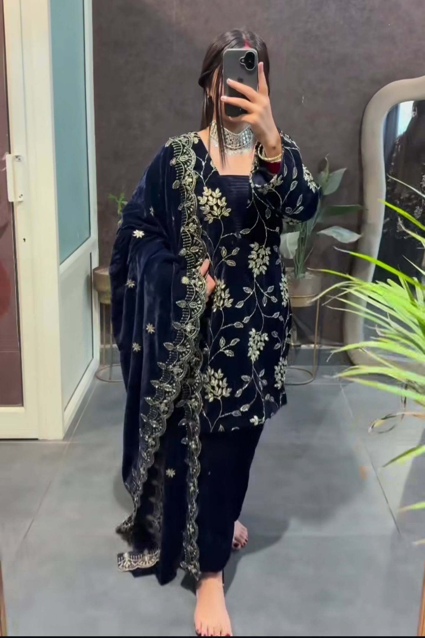 Nira Navy Blue Viscose Velvet  Suit