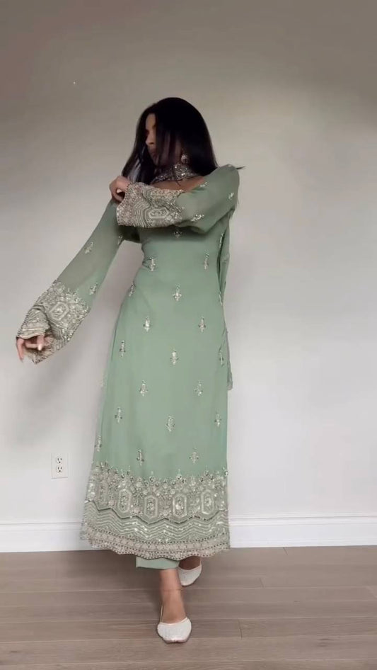 Elina Mint Designer Ethnic Gracework Suit