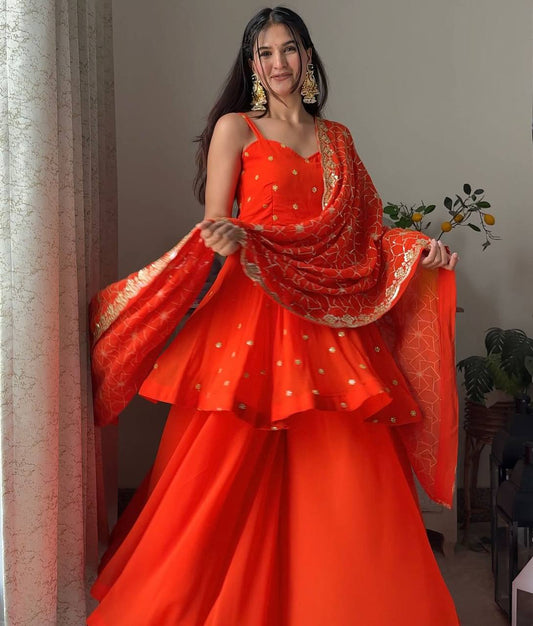 Misha Orange Graceful Embroidery Sharara