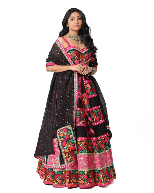 Noir Phulkari Royale Mirror-Work Navratri Lehenga Choli
