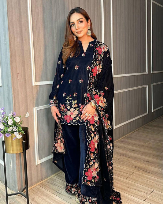 Wisha Navy Blue Velvet Embroidered Suit