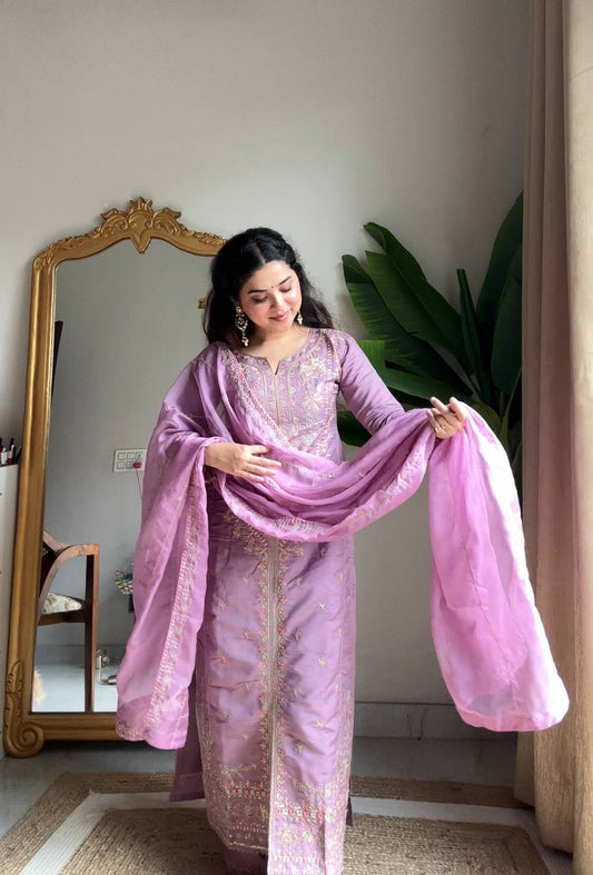 Raina Lavender Silk Embroidered Suit Set