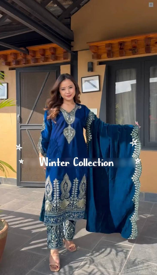 Reshma Blue Party Wear Velvet Kurti Pant Set